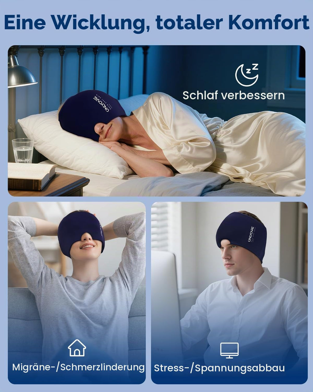 ONLYCARE Migräne Maske, Upgraded Kühlmaske Schlafmaske Kühlmütze Kühlhaube