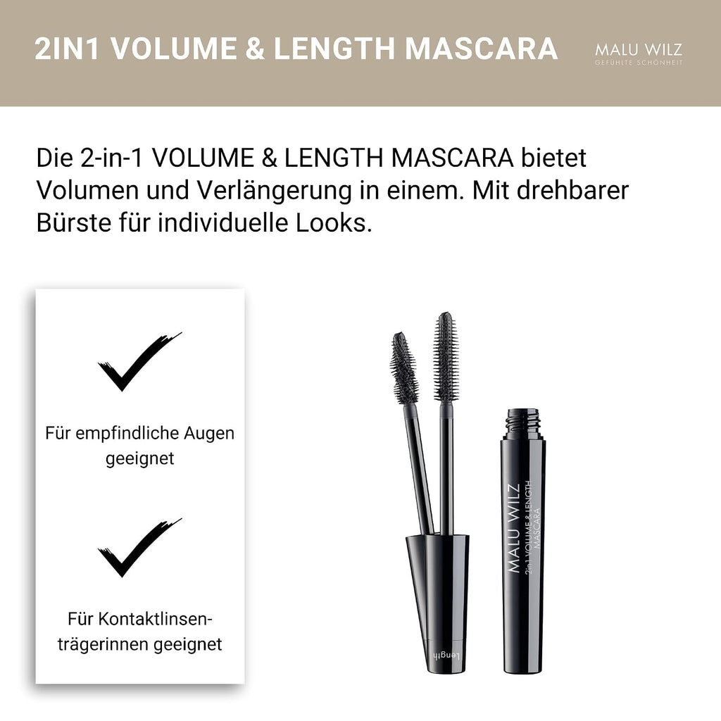 Malu Wilz 2IN1 Volume & Length Mascara schwarz 8ml I Wimperntusche lange Wimpern I Build-up Effekt für audrucksstarkes Wimpernvolumen I Individuelle Looks