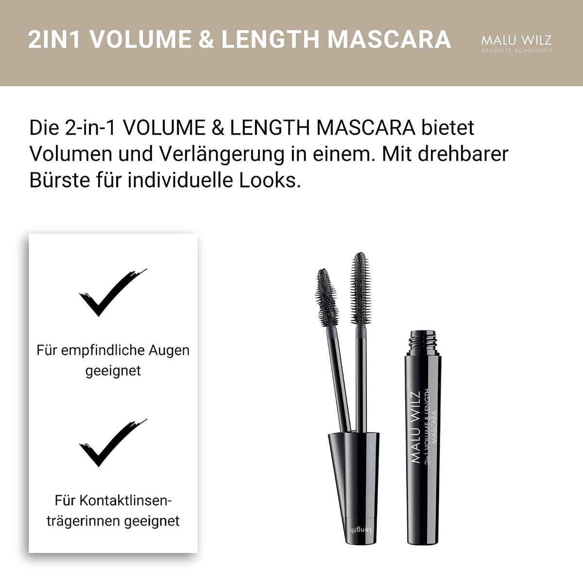 Malu Wilz 2IN1 Volume & Length Mascara schwarz 8ml I Wimperntusche lange Wimpern I Build-up Effekt für audrucksstarkes Wimpernvolumen I Individuelle Looks