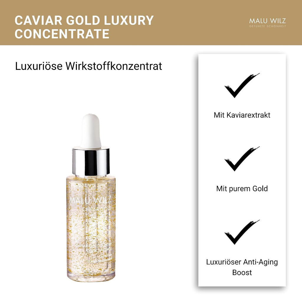Malu Wilz Caviar Gold Luxury Concentrate 30ml I Anti Falten Serum gegen trockene Haut I Feuchtigkeitspflege mit Kaviar Extrakt & Goldpartikeln für straffe Haut