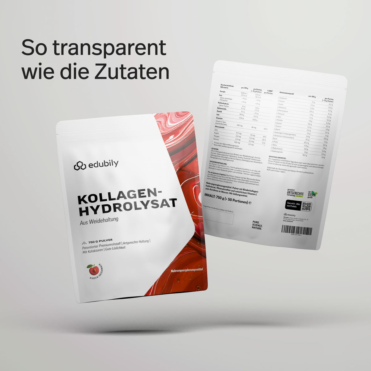 edubily® Kollagen-Hydrolysat - Kollagen Pulver als hochwertige Proteinergänzung im Alltag - aus Weidehaltung, Vitamin C, Zink, Kupfer, Mangan & Kieselsäure - 1 Portion täglich (750 g, ohne Geschmack)
