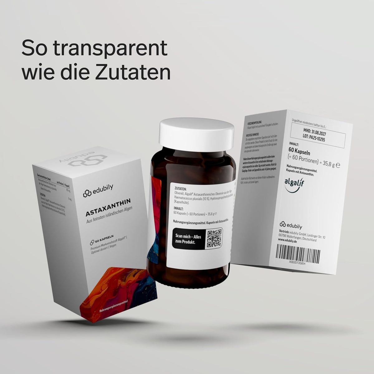 edubily nutrition® Astaxanthin - 8 mg pro Kapsel - Premium Markenrohstoff von Algalif aus isländischen Algen (Haematococcus Pluvialis) - Vegan - Laborgeprüft (60 Kapseln)