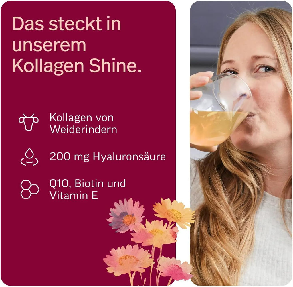 edubily® Kollagen Shine Drink – Beauty-Drink mit Kollagen Hydrolysat aus Weidehaltung, Hyaluronsäure, Vitamin E, Q10 & Biotin (450 g, Pur)