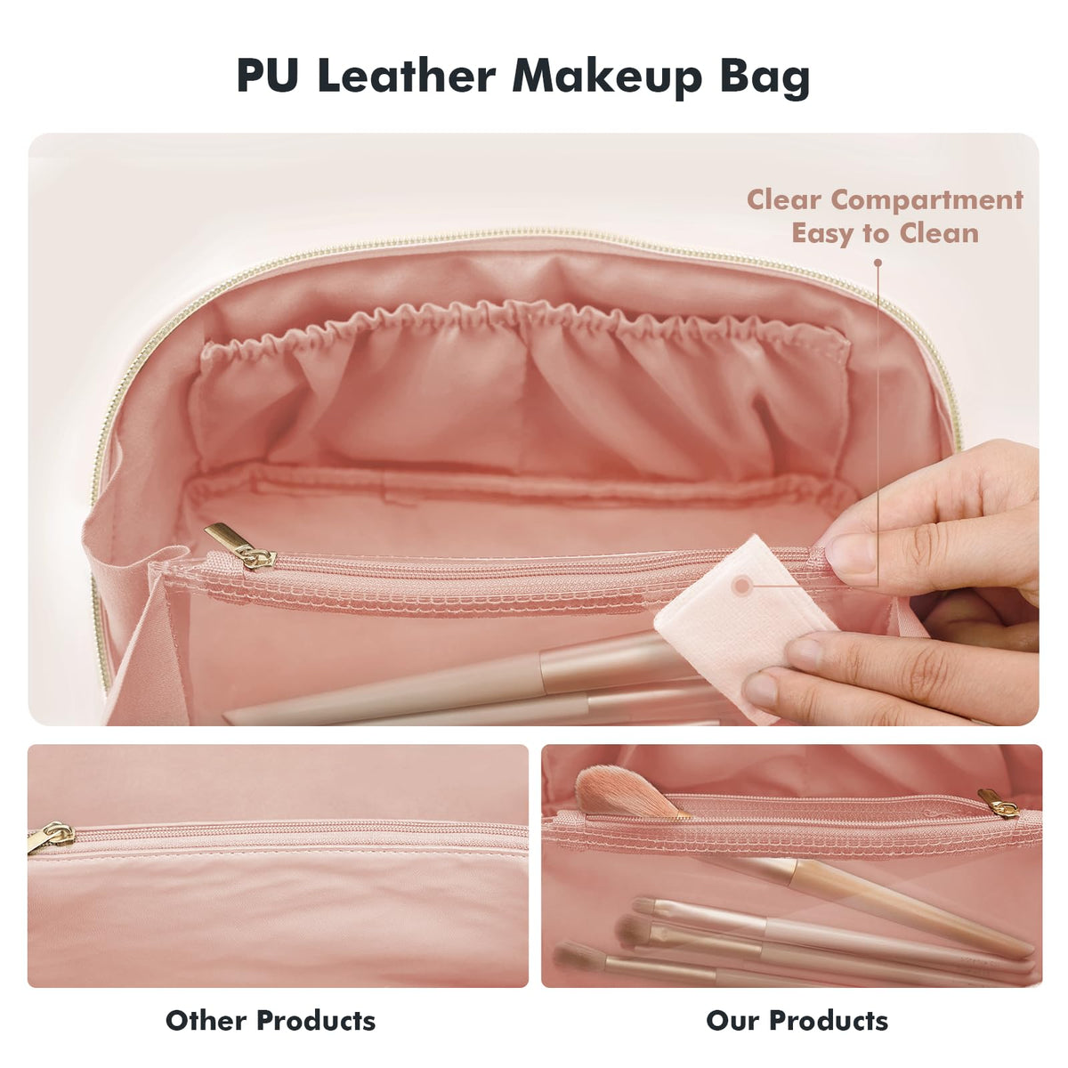 Prite Kosmetiktasche Reise Make Up Tasche mit Pinsel-Fächer, Beige, L