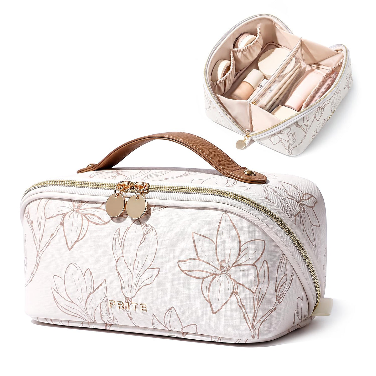 Prite Kosmetiktasche Reise Make Up Tasche mit Pinsel-Fächer, Beige, L