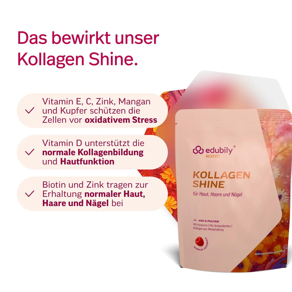edubily® Kollagen Shine Drink – Beauty-Drink mit Kollagen Hydrolysat aus Weidehaltung, Hyaluronsäure, Vitamin E, Q10 & Biotin (450 g, Pur)