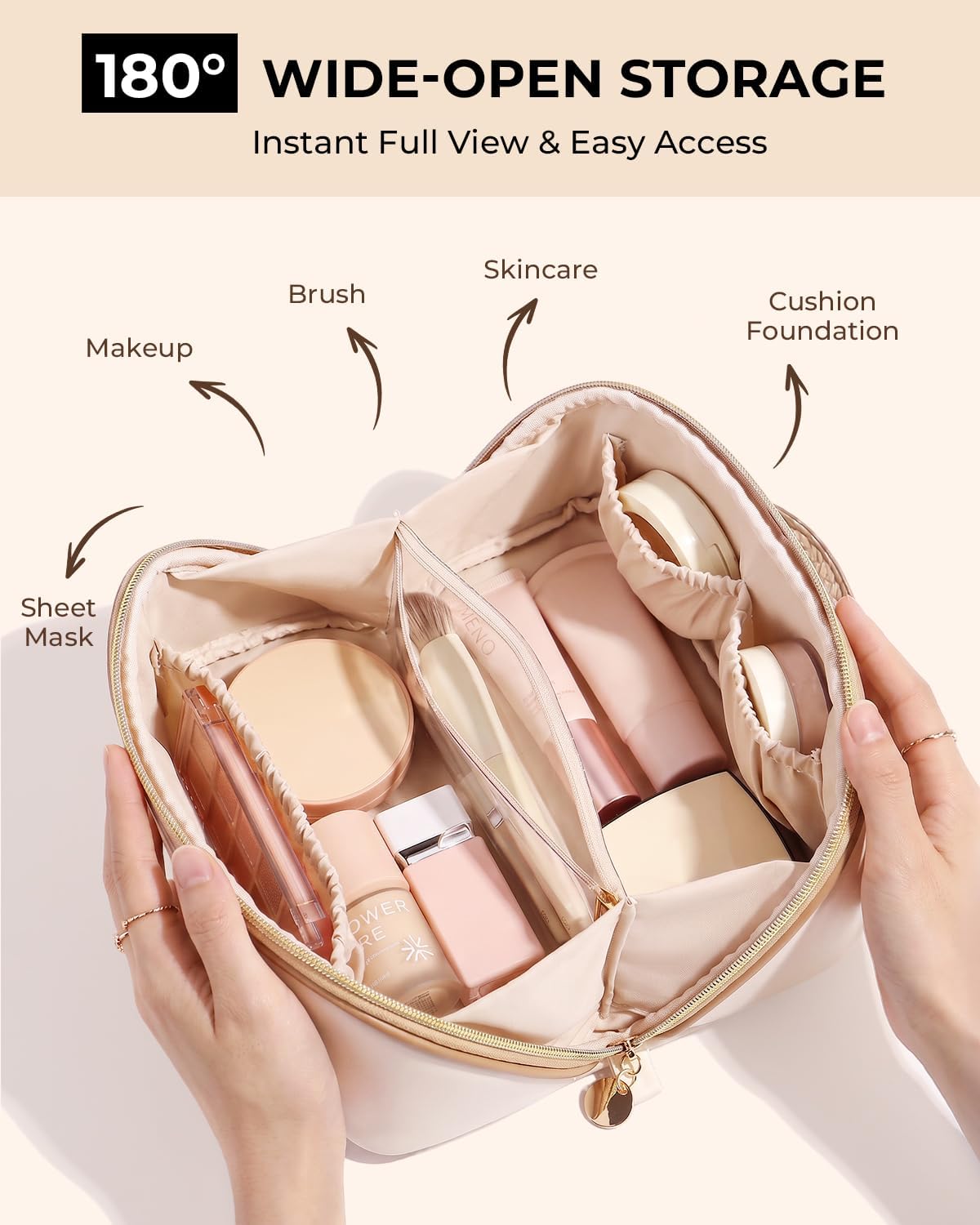 Prite Kosmetiktasche Reise Make Up Tasche mit Pinsel-Fächer, Beige, L