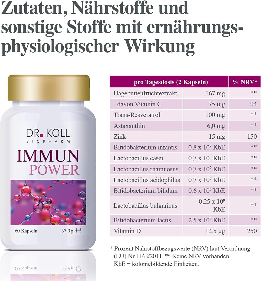 Immun Power Dr. Koll - Nahrungsergänzungsmittel zur Stärkung des Immunsystems mit u.a. Vitamin C, D, Zink und Antioxidantien | 60 hochdosierte Kapseln | vegan und ohne Gelantine