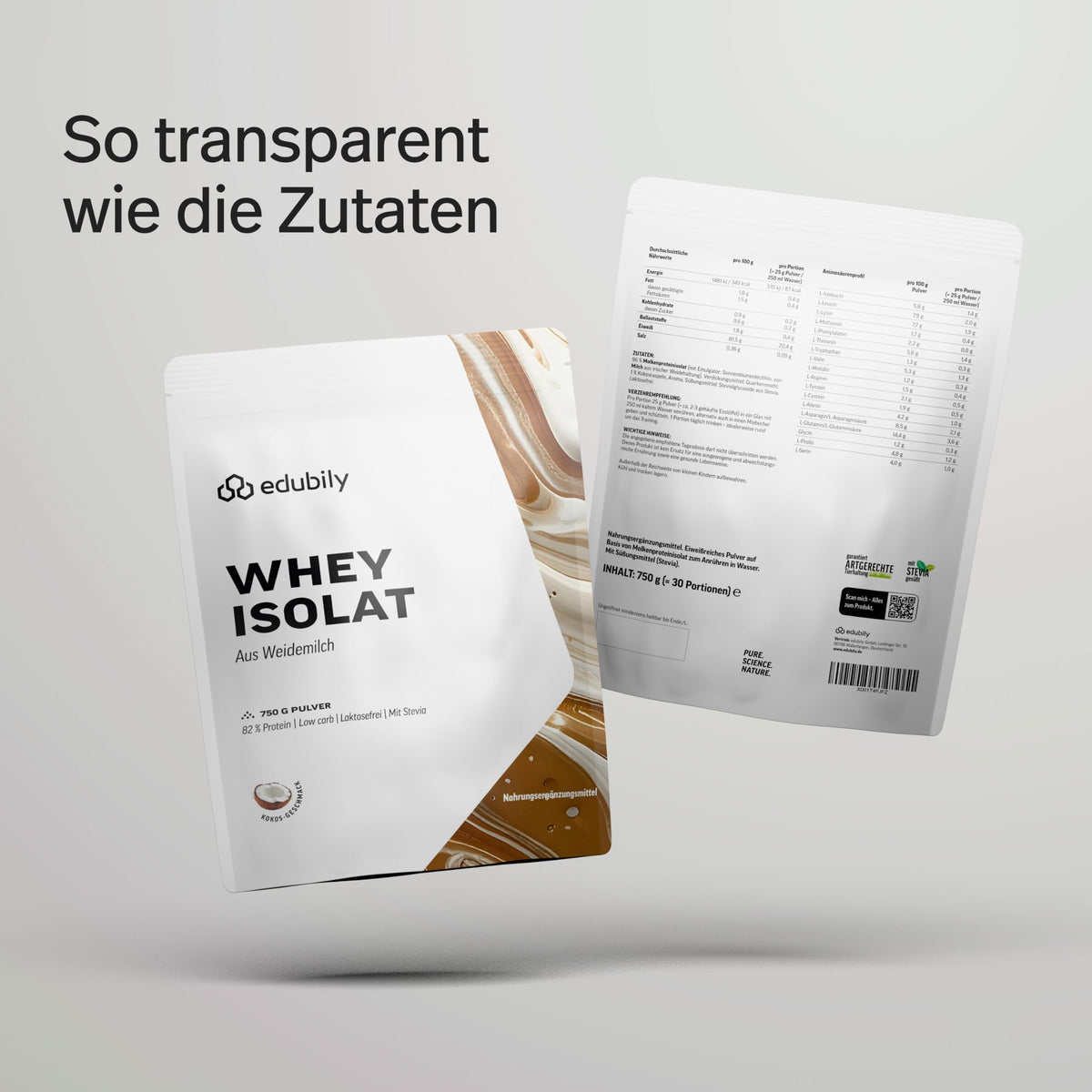 edubily® Whey Protein Isolat - Laktosefrei - Sehr gut lösliches Eiweißpulver ohne Kohlenhydrate & Zucker - Aus irischer Weidehaltung (750 g, Kakao mit Stevia)