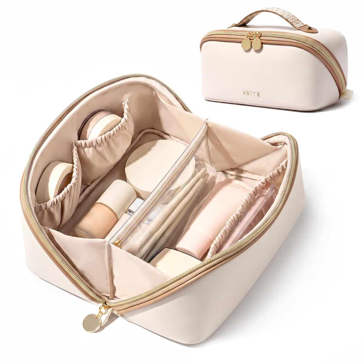 Prite Kosmetiktasche Reise Make Up Tasche mit Pinsel-Fächer, Beige, L