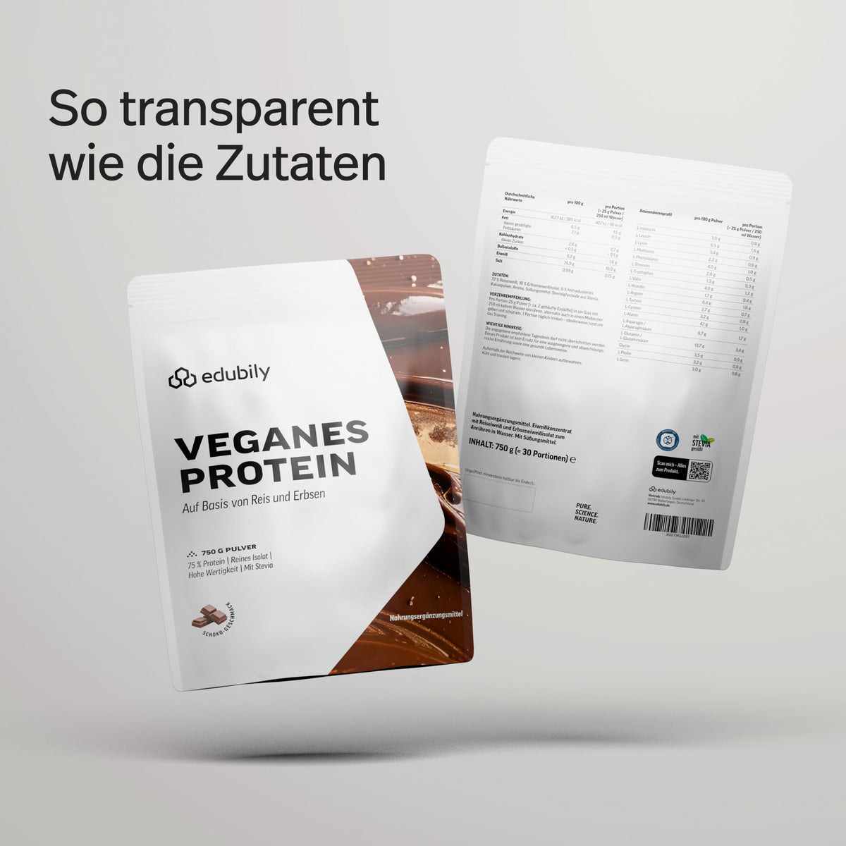 edubily® Veganes Proteinpulver - Mit Reisprotein und Erbsenprotein - Hoher Eiweißgehalt - Ohne Zucker • Mit Stevia • Laborgeprüftes Eiweißpulver (750 g, Erdbeere)