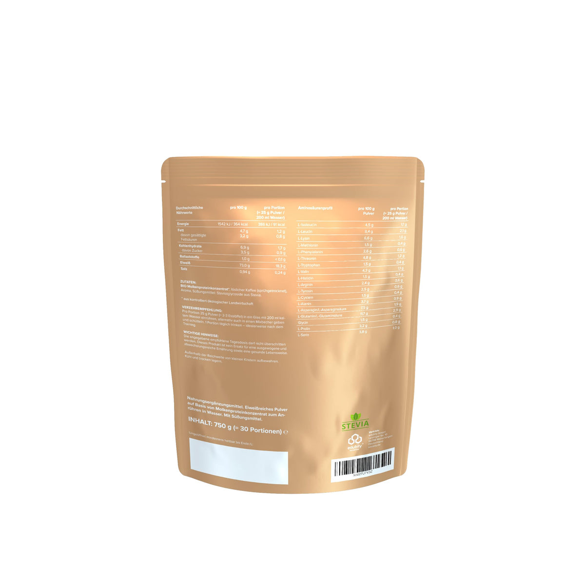 edubily® Whey Protein Konzentrat - Aus Milch von Kühen mit Weidezugang - Ohne Zucker & mit Stevia gesüßt - Optimale Löslichkeit - Made in Germany (750 g, Vanille)