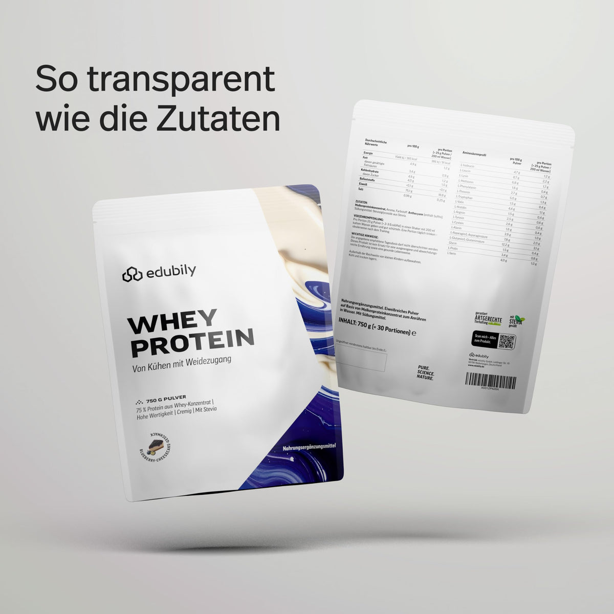 edubily® Whey Protein Konzentrat - Aus Milch von Kühen mit Weidezugang - Ohne Zucker & mit Stevia gesüßt - Optimale Löslichkeit - Made in Germany (750 g, Vanille)