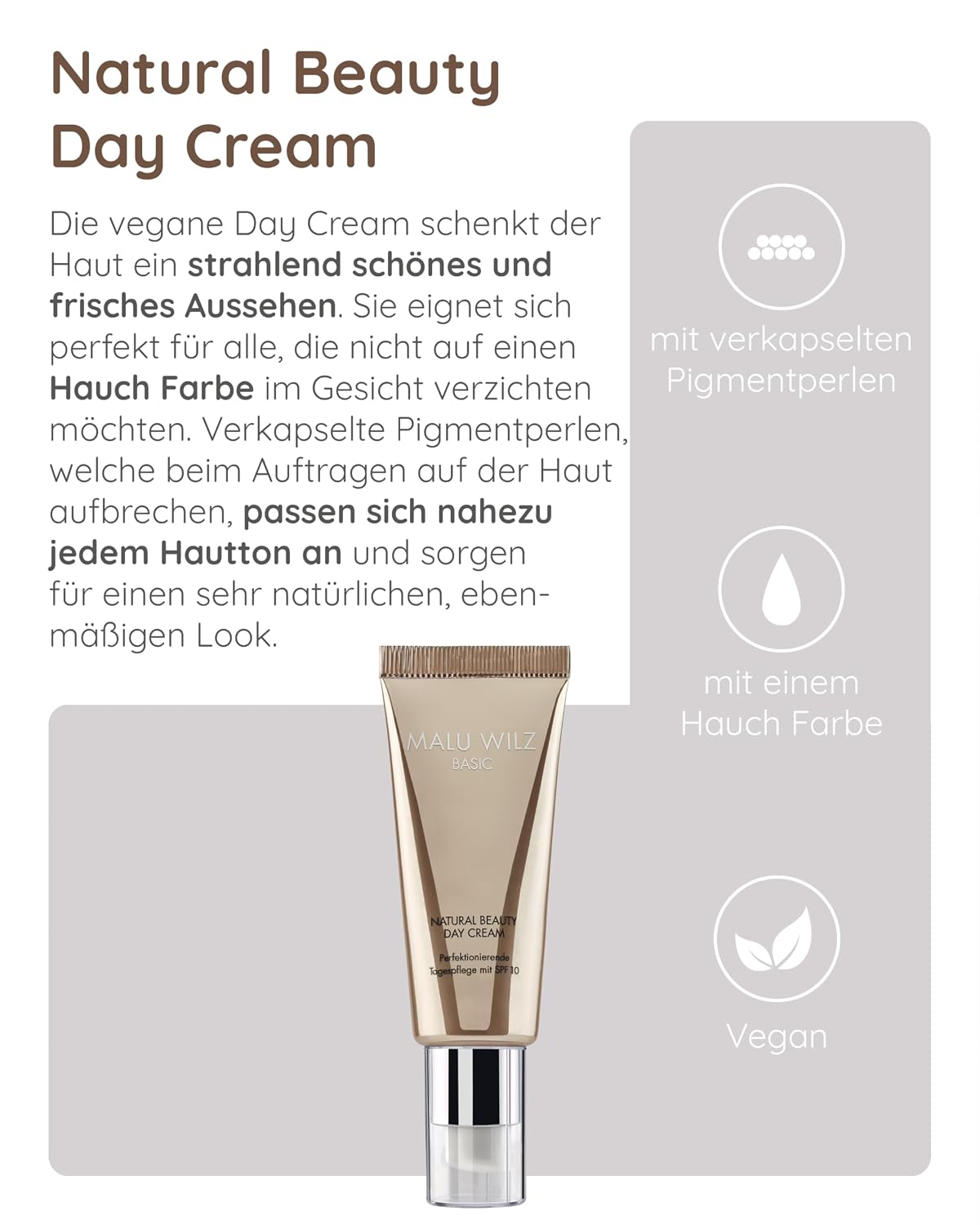 Malu Wilz Natural Beauty Day Cream 40ml I Erfrischende Skincare Gesichtspflege-Creme mit Glycerin & Panthenol I Mit UVA/UVB 10 I Mit Pigmentperlen I Vegan