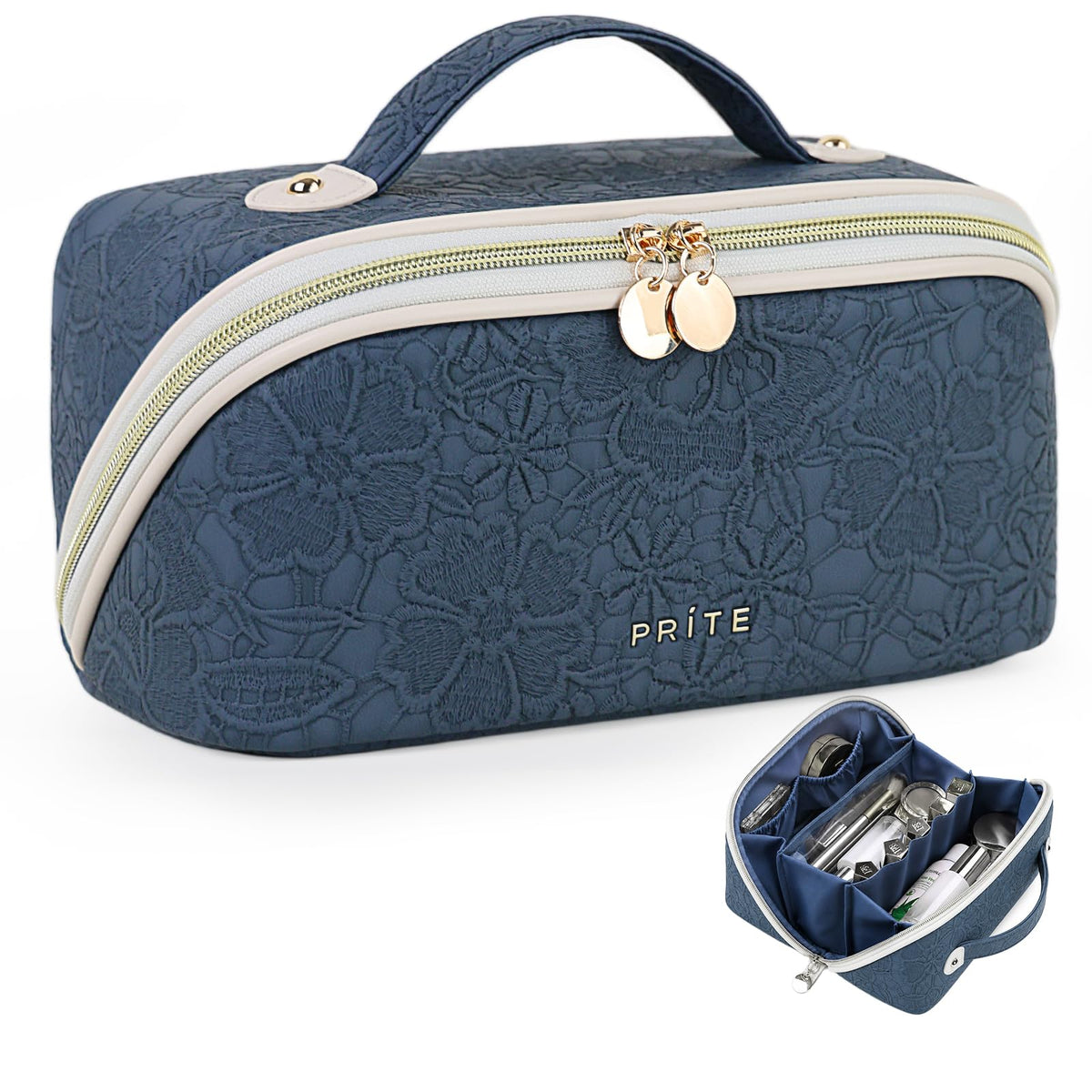 Prite Kosmetiktasche Reise Make Up Tasche mit Pinsel-Fächer, Beige, L