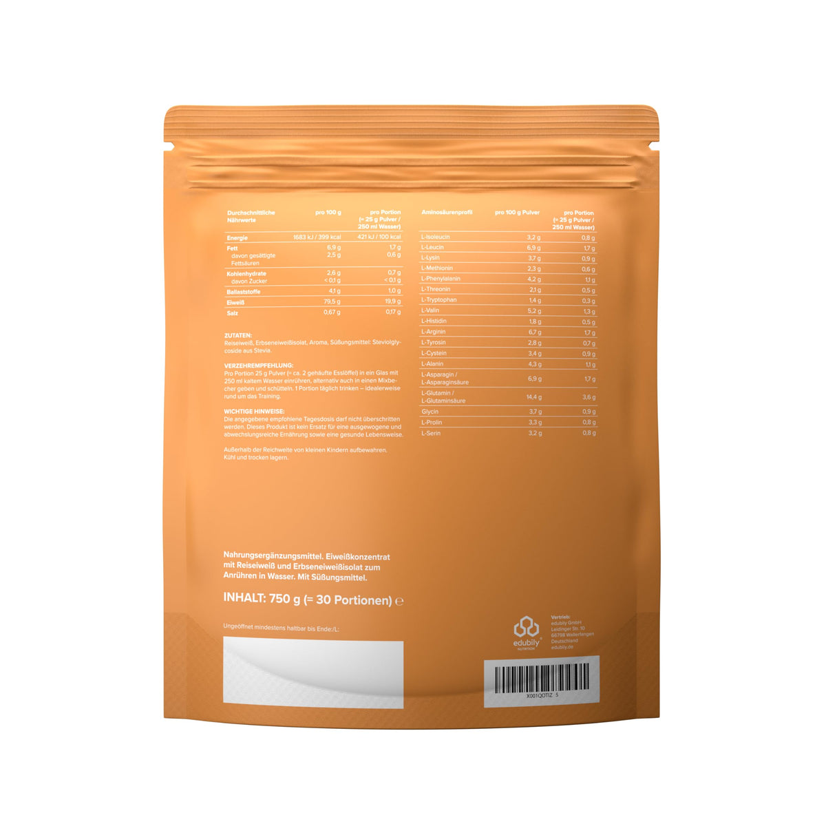 edubily® Veganes Proteinpulver - Mit Reisprotein und Erbsenprotein - Hoher Eiweißgehalt - Ohne Zucker • Mit Stevia • Laborgeprüftes Eiweißpulver (750 g, Erdbeere)