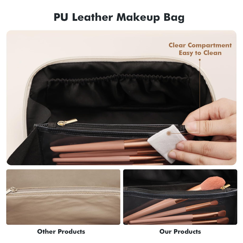 Prite Kosmetiktasche Reise Make Up Tasche mit Pinsel-Fächer, Beige, L