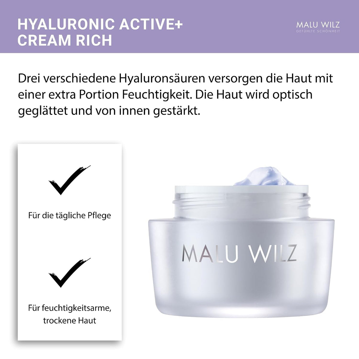 Malu Wilz Hyaluronic Active + Cream Rich 50 ml I Erfrischende Skincare Gesichtspflege-Creme mit Hyaluron-Wirkstoff-Formel mit Dual-Effekt I Booster I Vegan
