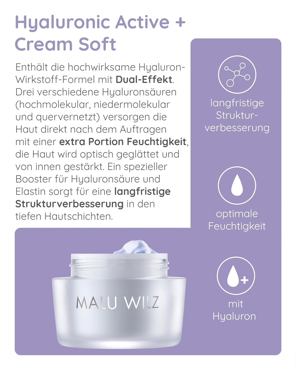 Malu Wilz Hyaluronic Active + Cream Soft 50 ml I Erfrischende Skincare Gesichtspflege-Creme mit Hyaluron-Wirkstoff-Formel mit Dual-Effekt I Booster