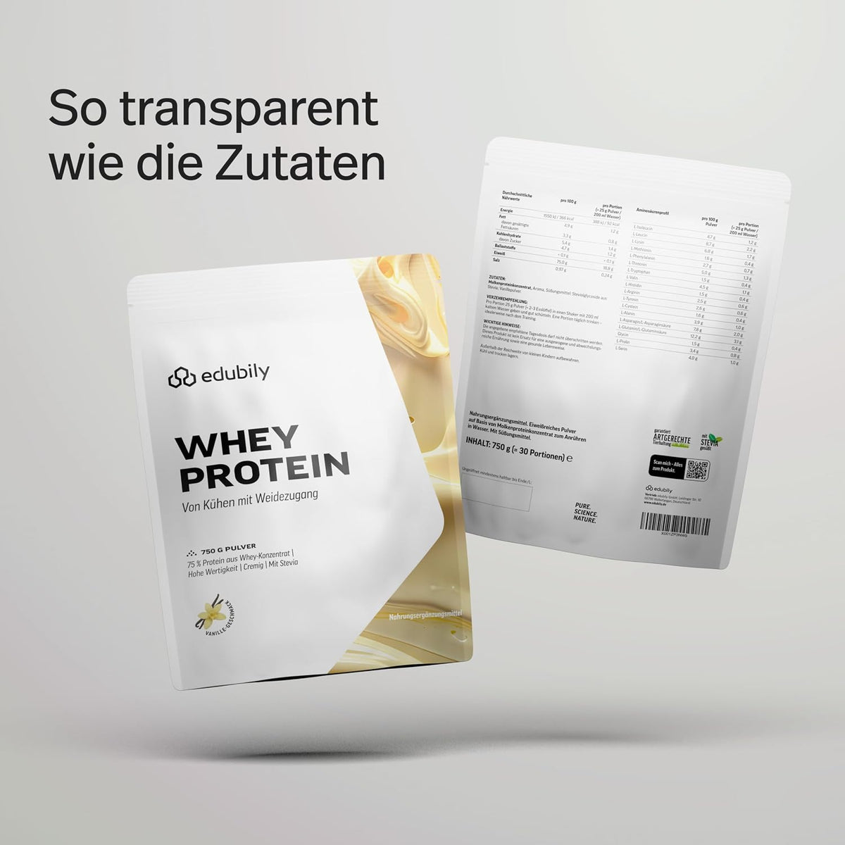 edubily® Whey Protein Konzentrat - Aus Milch von Kühen mit Weidezugang - Ohne Zucker & mit Stevia gesüßt - Optimale Löslichkeit - Made in Germany (750 g, Vanille)