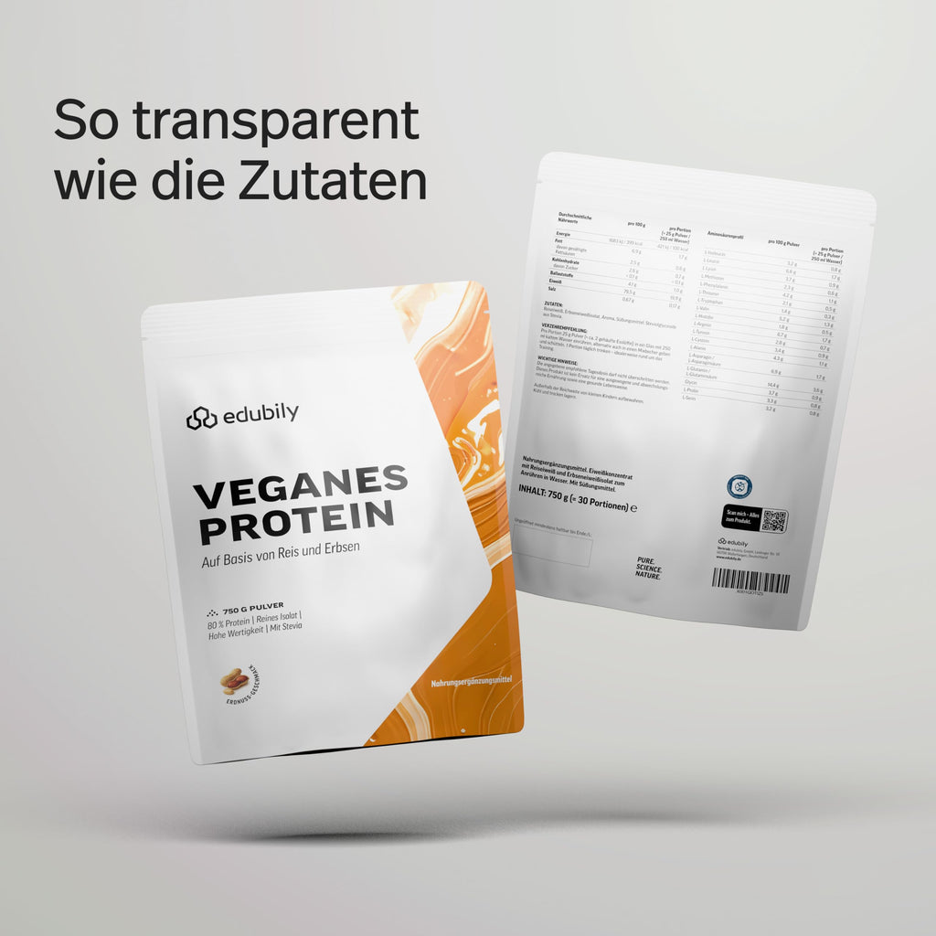 edubily® Veganes Proteinpulver - Mit Reisprotein und Erbsenprotein - Hoher Eiweißgehalt - Ohne Zucker • Mit Stevia • Laborgeprüftes Eiweißpulver (750 g, Erdbeere)