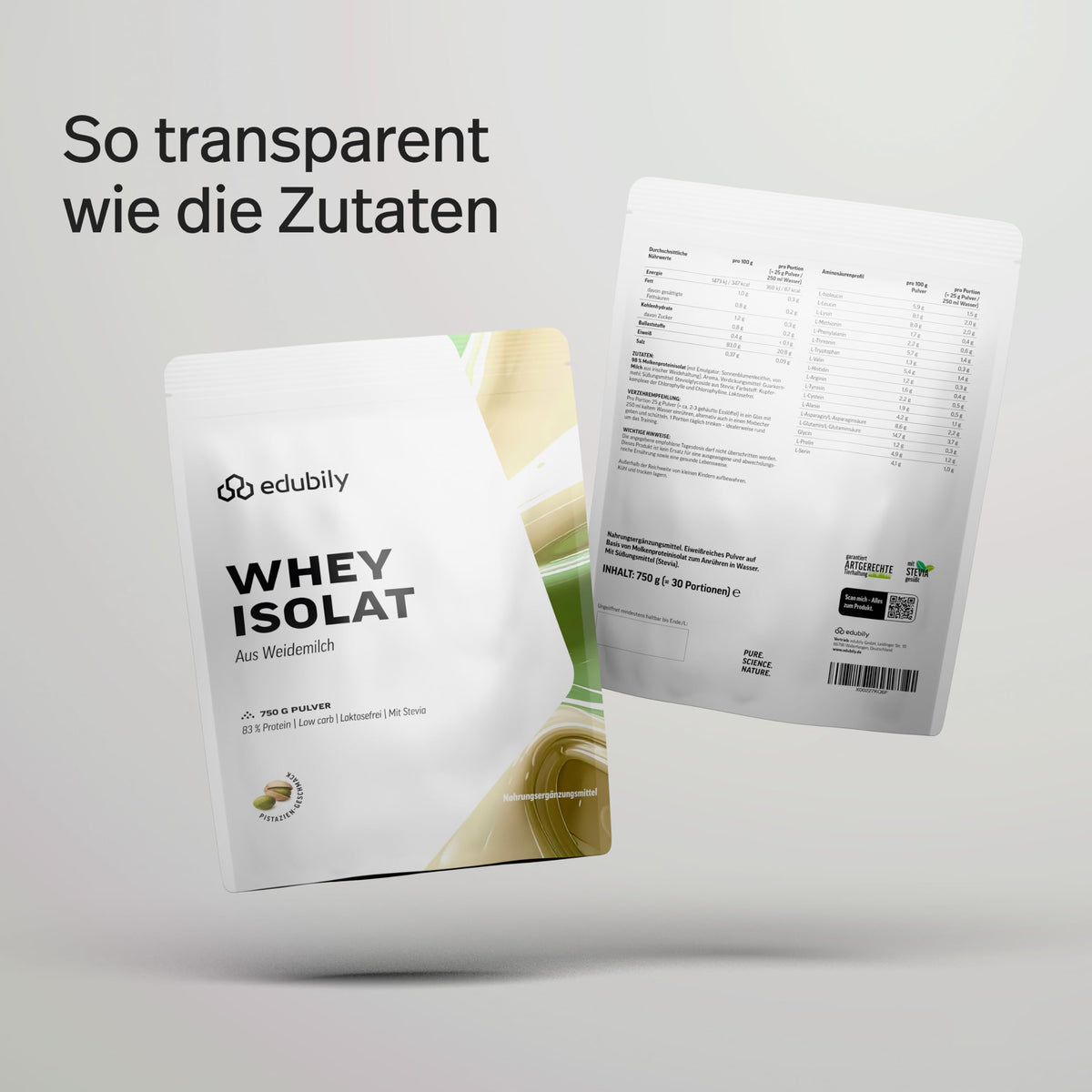 edubily® Whey Protein Isolat - Laktosefrei - Sehr gut lösliches Eiweißpulver ohne Kohlenhydrate & Zucker - Aus irischer Weidehaltung (750 g, Kakao mit Stevia)