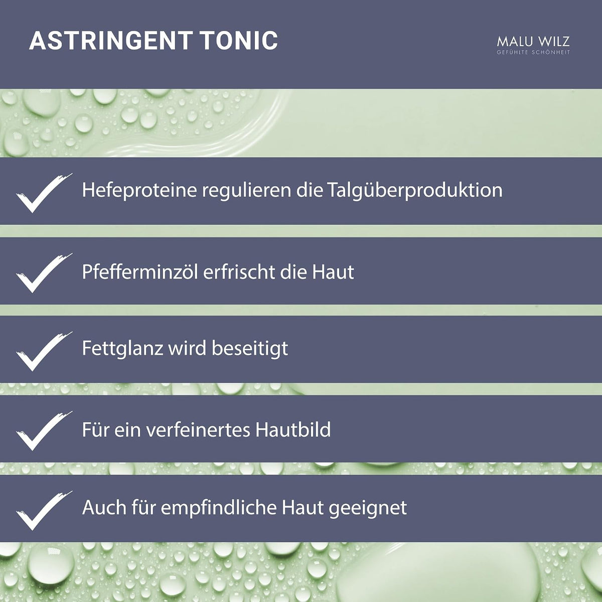 Malu Wilz Astringent Tonic 200 ml I Gesichtswasser mit Hefeproteinen & erfrischendem Pfefferminzöl I Skincare After Shave I Ohne Alkohol I Vegan