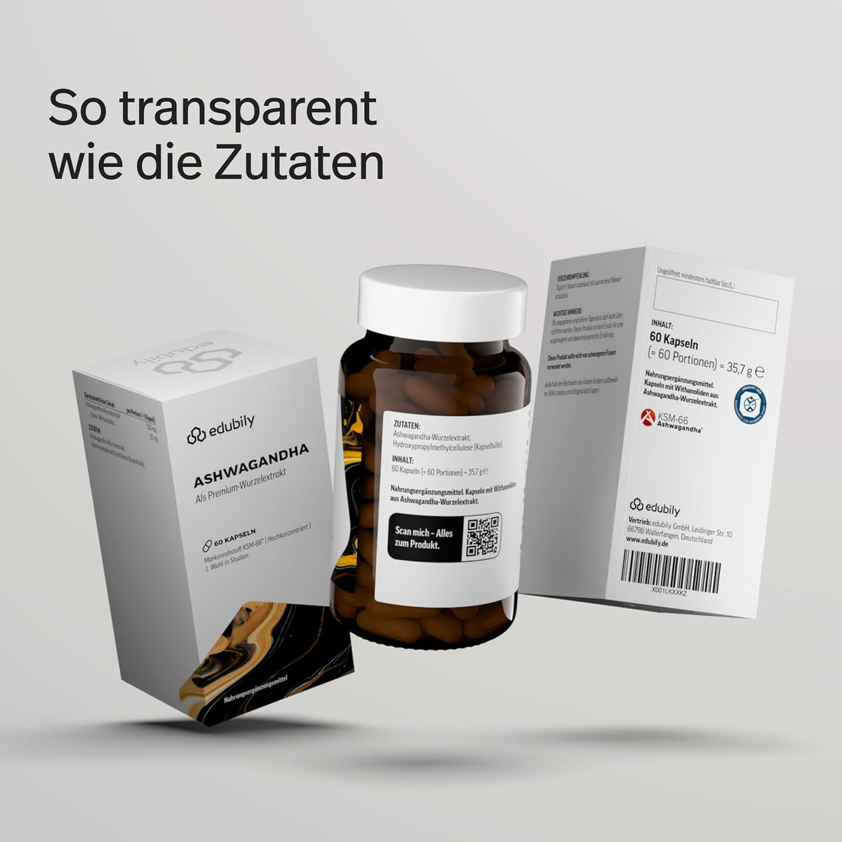 edubily® Ashwagandha-Extrakt - Mit 500 mg Extrakt pro Kapsel - Markenrohstoff KSM-66® mit 25 mg Withanoliden (60 Kapseln)