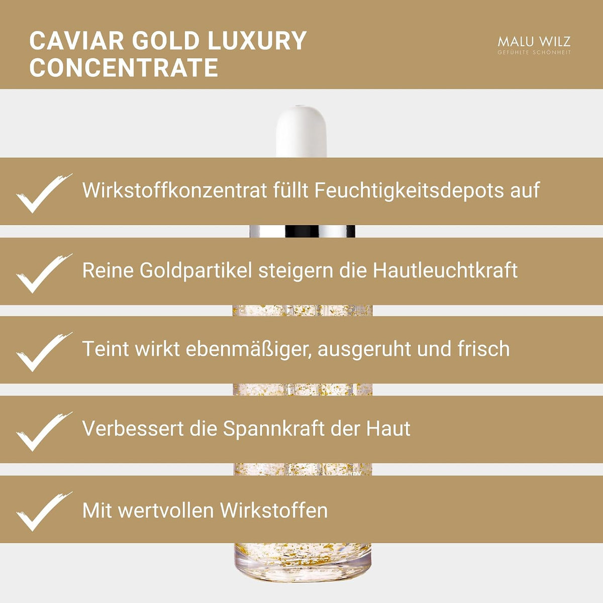 Malu Wilz Caviar Gold Luxury Concentrate 30ml I Anti Falten Serum gegen trockene Haut I Feuchtigkeitspflege mit Kaviar Extrakt & Goldpartikeln für straffe Haut