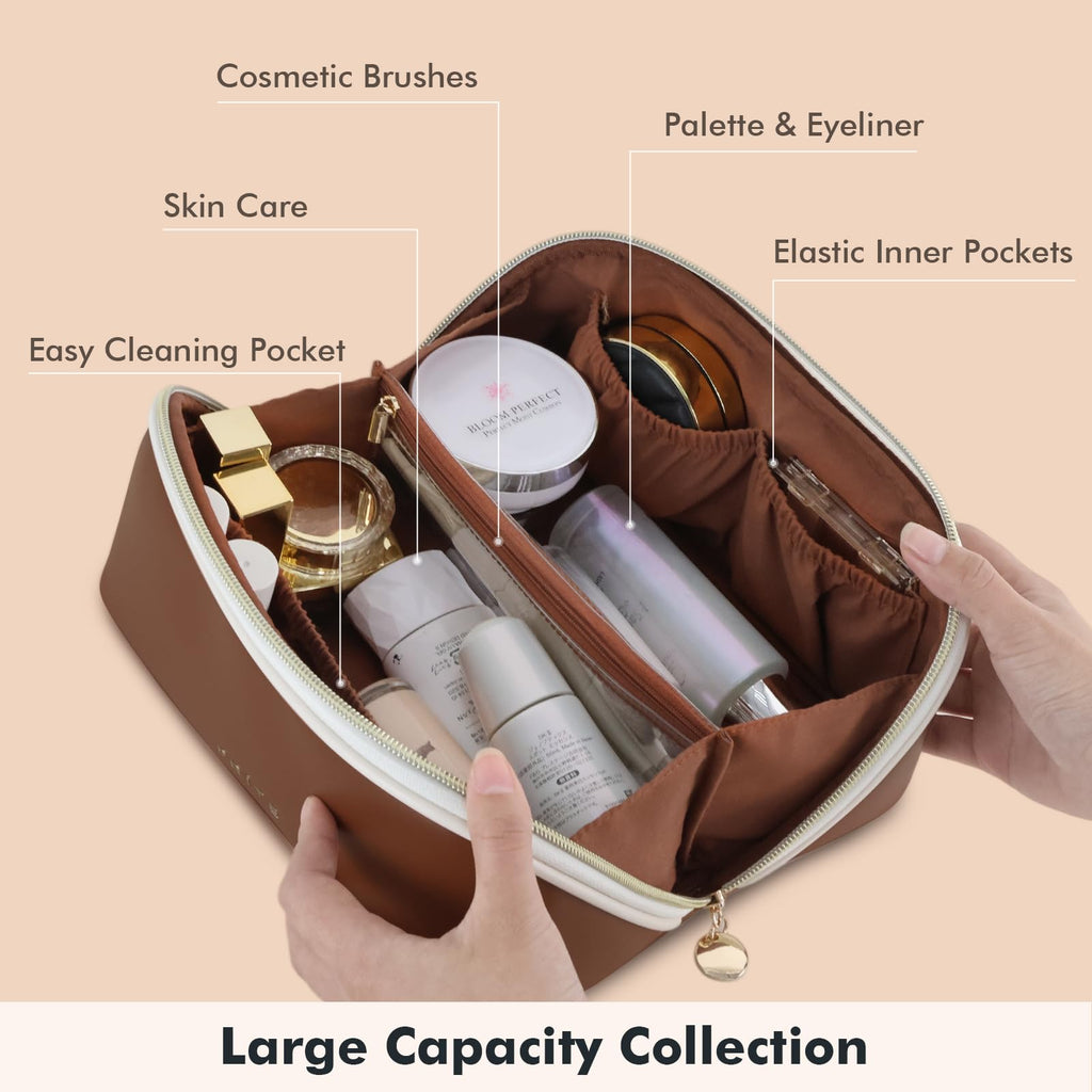Prite Kosmetiktasche Reise Make Up Tasche mit Pinsel-Fächer, Beige, L