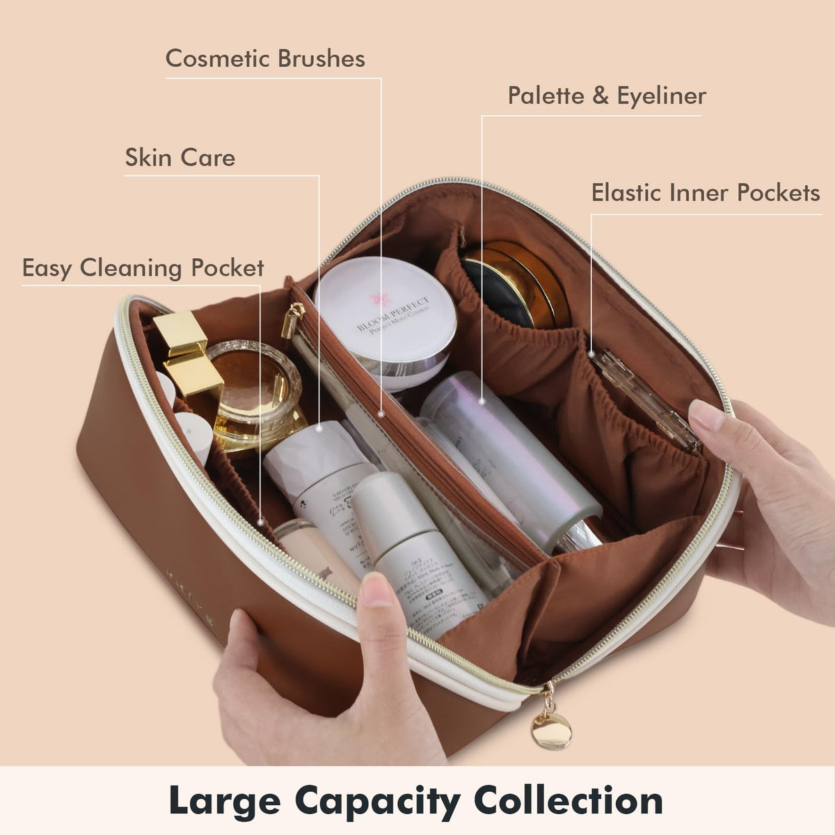 Prite Kosmetiktasche Reise Make Up Tasche mit Pinsel-Fächer, Beige, L