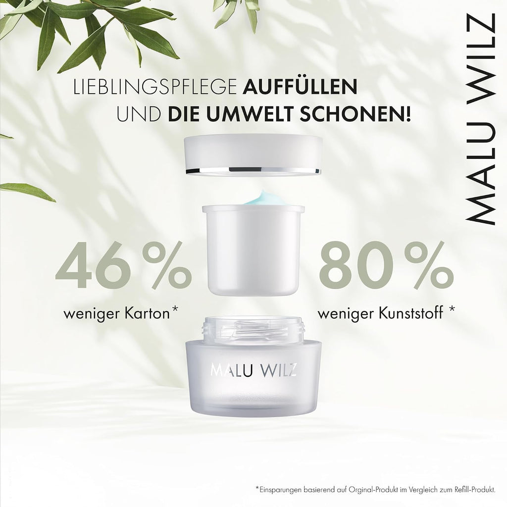 MALU WILZ HYDRO GLOW MOISTURE CREAM 50 ml – 24h Feuchtigkeitscreme mit Aquaporin, NMF, Jojobaöl & Panthenol – für normale bis trockene Haut – inkl. Refill