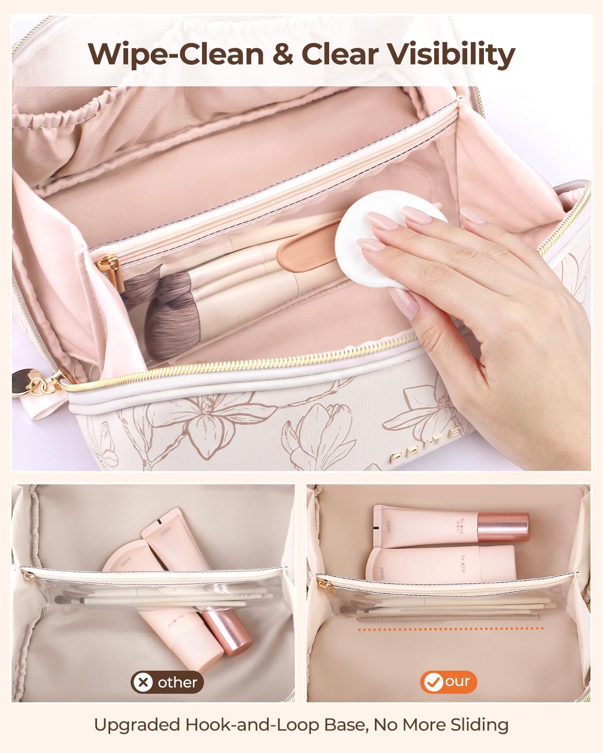 Prite Kosmetiktasche Reise Make Up Tasche mit Pinsel-Fächer, Beige, L