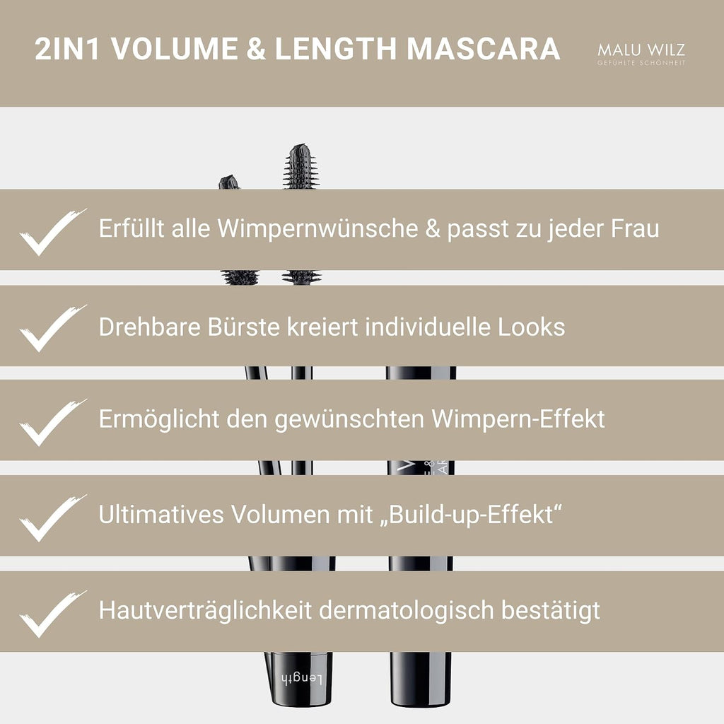 Malu Wilz 2IN1 Volume & Length Mascara schwarz 8ml I Wimperntusche lange Wimpern I Build-up Effekt für audrucksstarkes Wimpernvolumen I Individuelle Looks