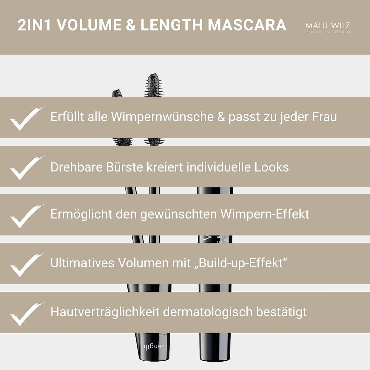 Malu Wilz 2IN1 Volume & Length Mascara schwarz 8ml I Wimperntusche lange Wimpern I Build-up Effekt für audrucksstarkes Wimpernvolumen I Individuelle Looks
