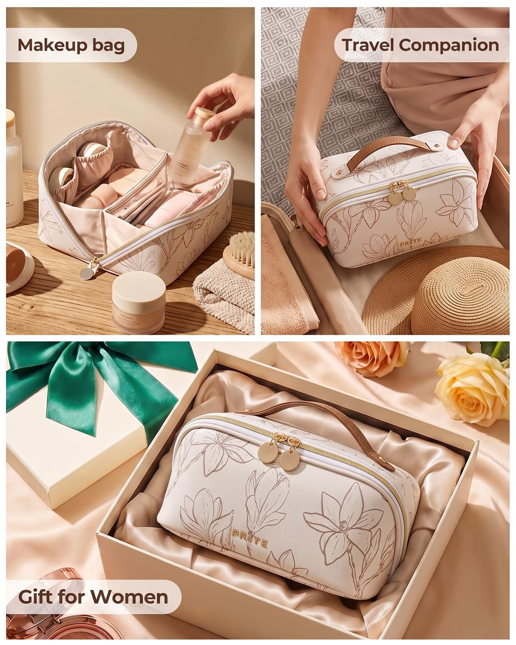 Prite Kosmetiktasche Reise Make Up Tasche mit Pinsel-Fächer, Beige, L
