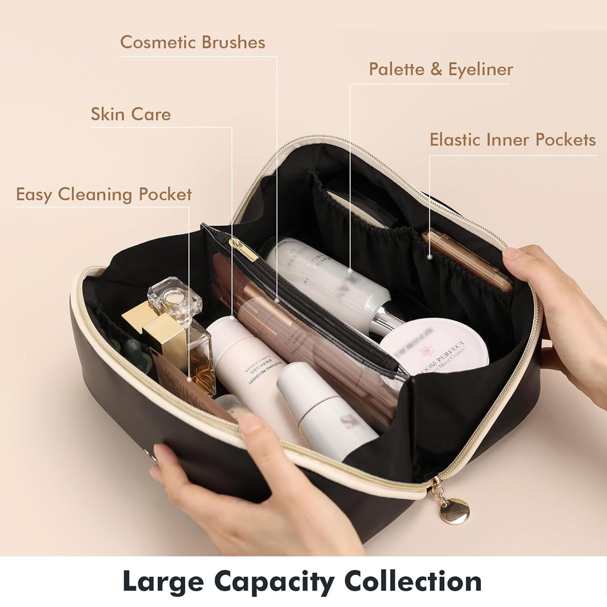 Prite Kosmetiktasche Reise Make Up Tasche mit Pinsel-Fächer, Beige, L