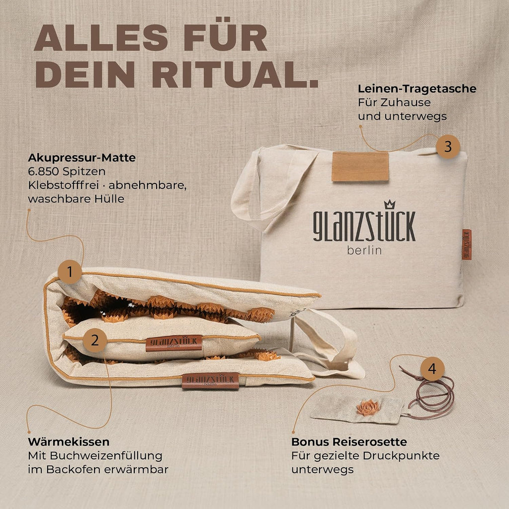 Glanzstück Berlin® Akupressurmatte XL – Set mit Kissen, Tragetasche & Reise-Rosette, 6.850 Blütenspitzen für Rücken, Nacken & Ganzkörper | 72 × 42 cm | Designed in Berlin