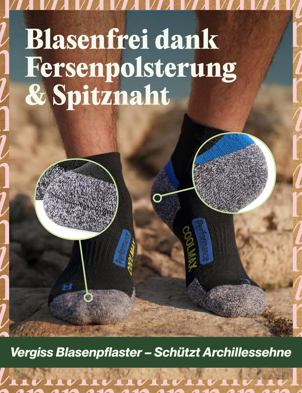 Piarini 2 Paar Coolmax Wandersocken Sommer Kurz, Atmungsaktiv, Anti Blasen & Geposltert - Outdoor Trekkingsocken Damen Herren - Gr. 35-38 bis 47-50