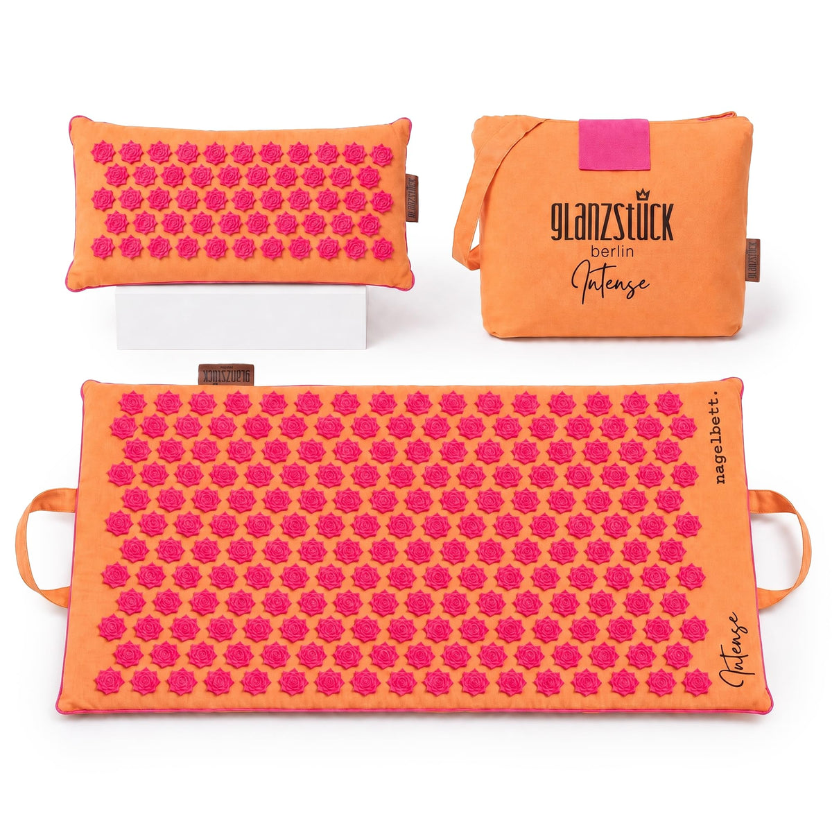 Glanzstück Berlin® Akupressurmatte XL – Set mit Kissen, Tragetasche & Reise-Rosette, 6.850 Blütenspitzen für Rücken, Nacken & Ganzkörper | 72 × 42 cm | Designed in Berlin