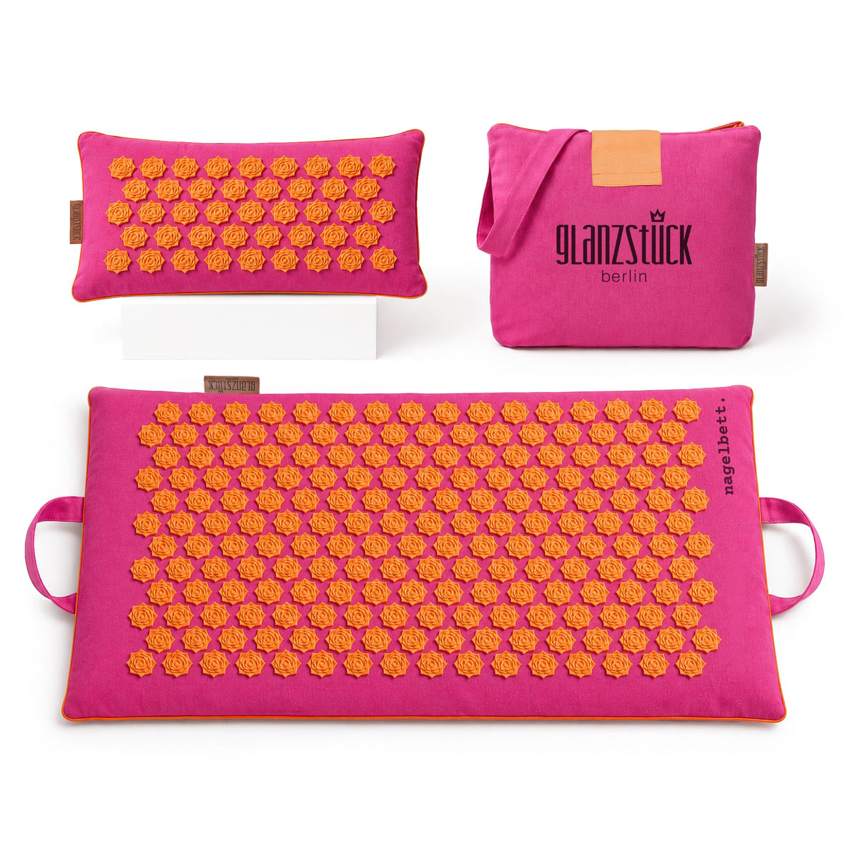 Glanzstück Berlin® Akupressurmatte XL – Set mit Kissen, Tragetasche & Reise-Rosette, 6.850 Blütenspitzen für Rücken, Nacken & Ganzkörper | 72 × 42 cm | Designed in Berlin
