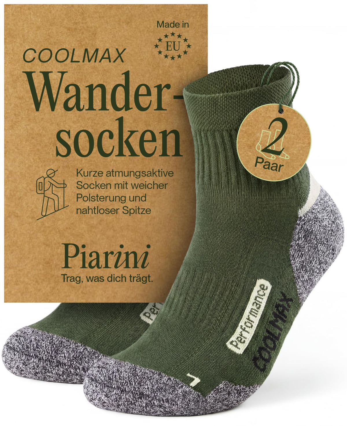 Piarini 2 Paar Coolmax Wandersocken Sommer Kurz, Atmungsaktiv, Anti Blasen & Geposltert - Outdoor Trekkingsocken Damen Herren - Gr. 35-38 bis 47-50