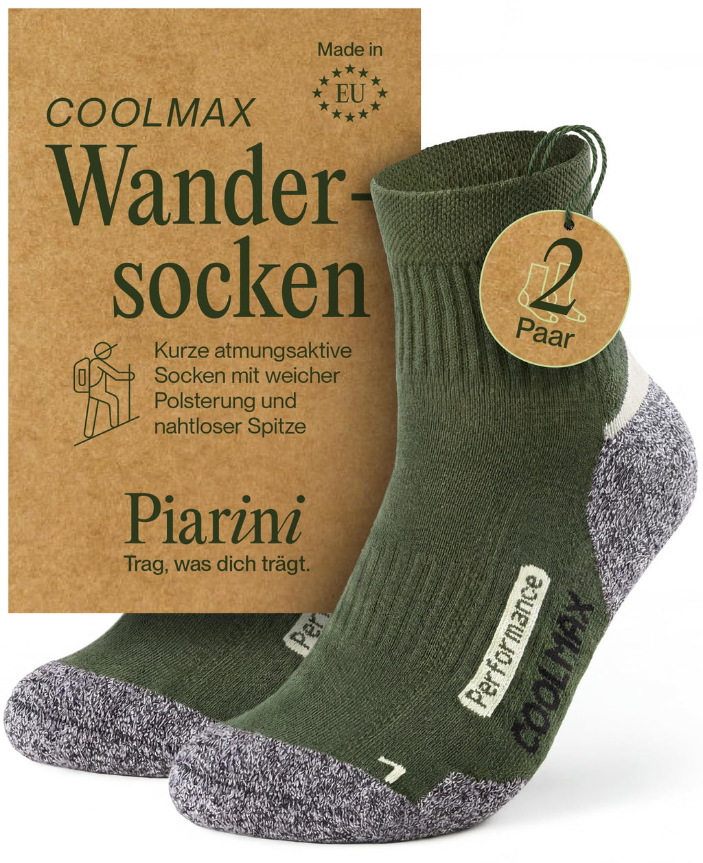 Piarini 2 Paar Coolmax Wandersocken Sommer Kurz, Atmungsaktiv, Anti Blasen & Geposltert - Outdoor Trekkingsocken Damen Herren - Gr. 35-38 bis 47-50