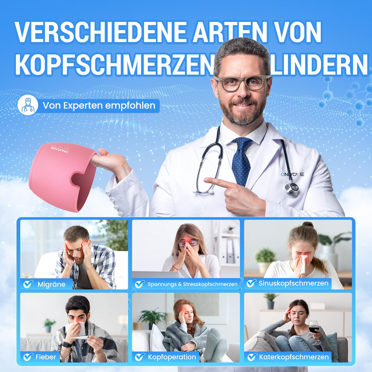 ONLYCARE Migräne Maske, Upgraded Kühlmaske Schlafmaske Kühlmütze Kühlhaube
