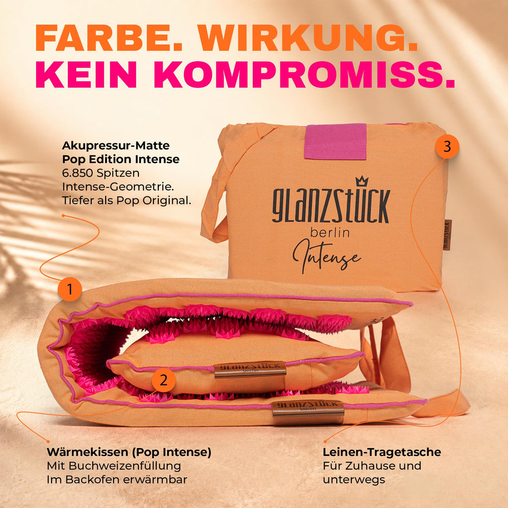 Glanzstück Berlin® Akupressurmatte XL – Set mit Kissen, Tragetasche & Reise-Rosette, 6.850 Blütenspitzen für Rücken, Nacken & Ganzkörper | 72 × 42 cm | Designed in Berlin