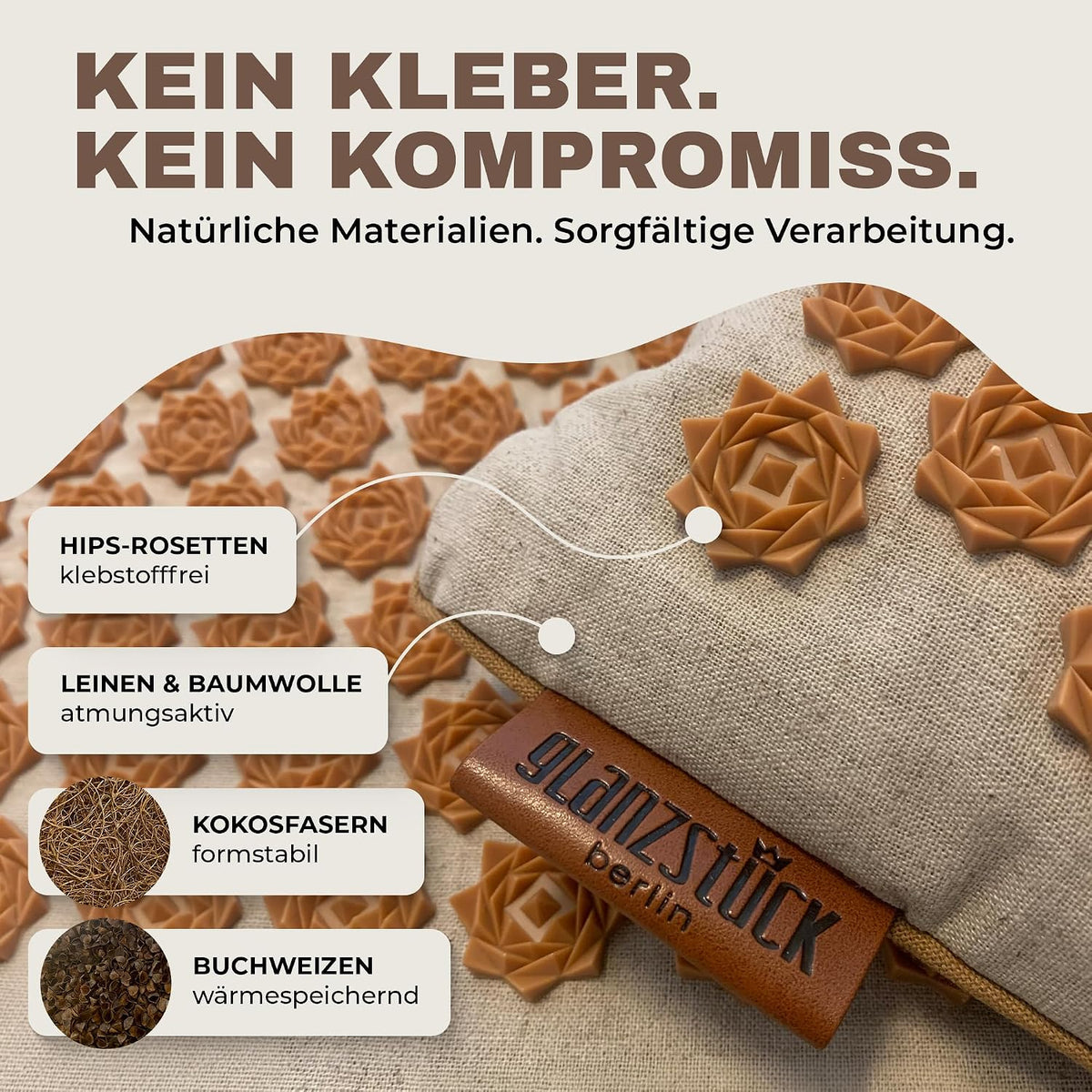 Glanzstück Berlin® Akupressurmatte XL – Set mit Kissen, Tragetasche & Reise-Rosette, 6.850 Blütenspitzen für Rücken, Nacken & Ganzkörper | 72 × 42 cm | Designed in Berlin