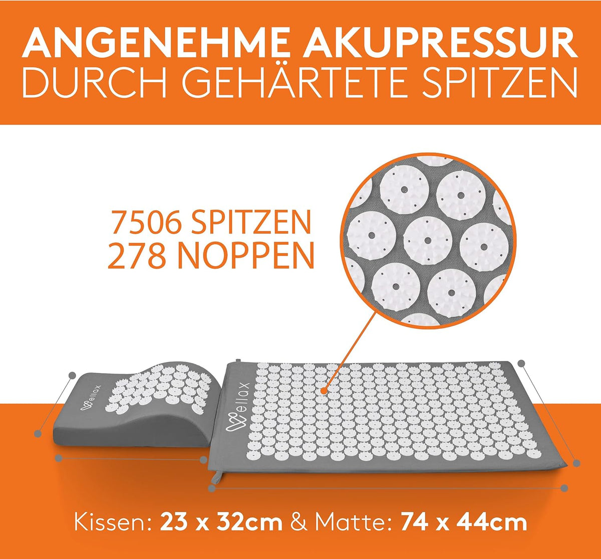Wellax [Das Original] - Akupressurmatte mit Kissen - Gefüllt mit 100% Kokosfasern - Löst Verspannungen & fördert Durchblutung - Massage Matte mit Akupressurkissen - Ausgezeichnet von Vergleich.org