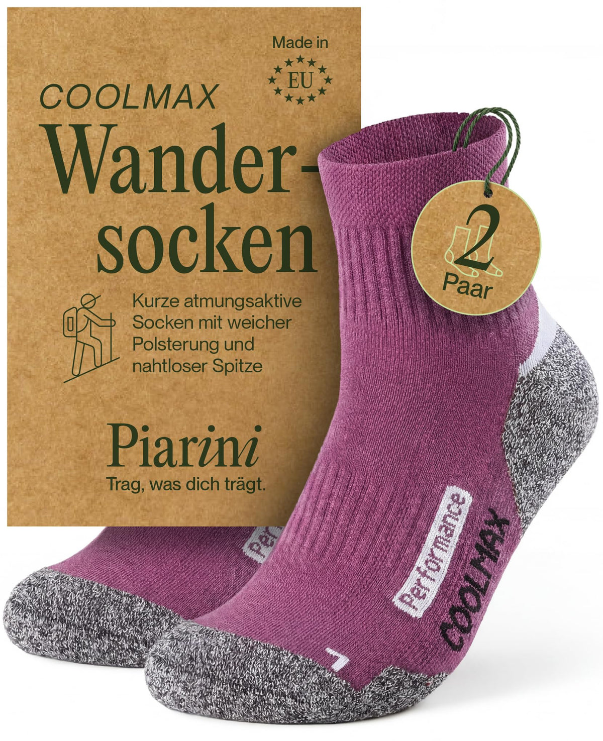 Piarini 2 Paar Coolmax Wandersocken Sommer Kurz, Atmungsaktiv, Anti Blasen & Geposltert - Outdoor Trekkingsocken Damen Herren - Gr. 35-38 bis 47-50