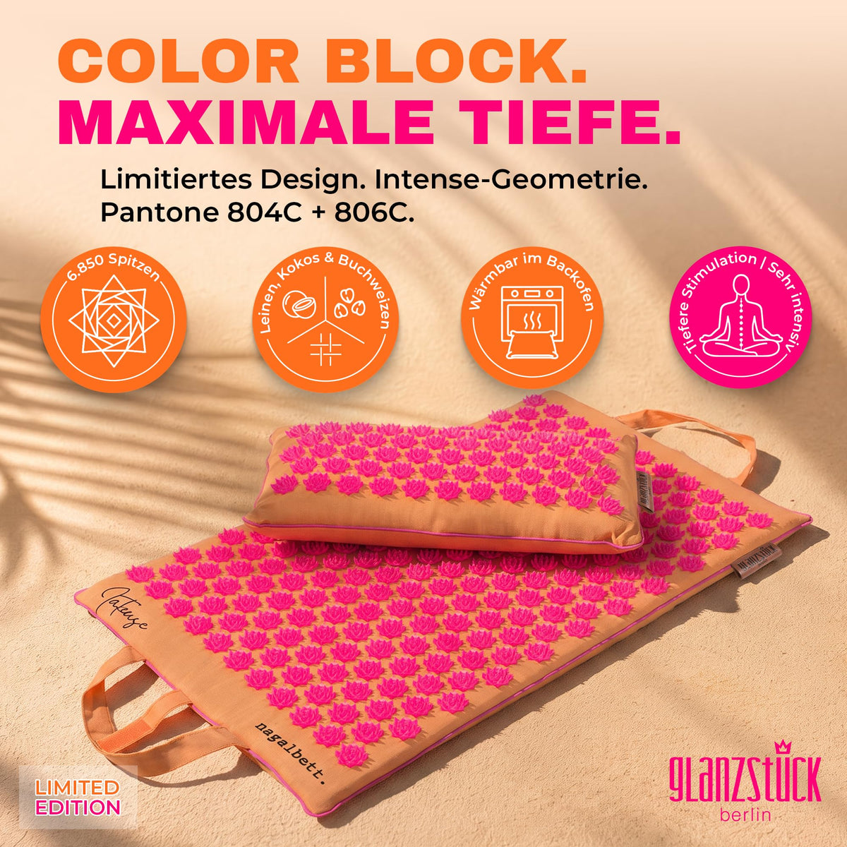 Glanzstück Berlin® Akupressurmatte XL – Set mit Kissen, Tragetasche & Reise-Rosette, 6.850 Blütenspitzen für Rücken, Nacken & Ganzkörper | 72 × 42 cm | Designed in Berlin