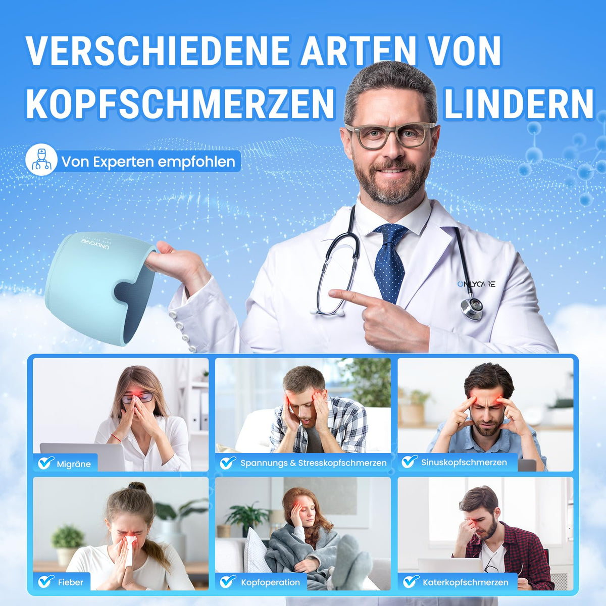 ONLYCARE Migräne Maske, Upgraded Kühlmaske Schlafmaske Kühlmütze Kühlhaube